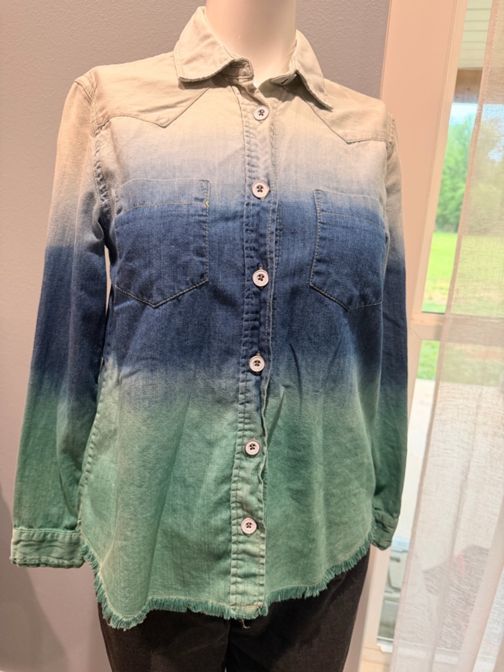 Free People Before Sunrise Ombre blue gradient. Jean Look Fringe Western Button